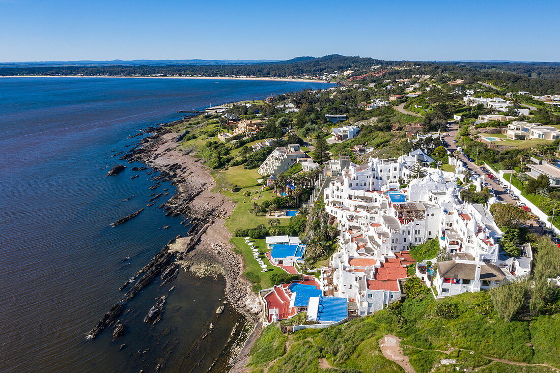 Aerial view of Casapueblo Hotel and Gallery by artist Carlos Paez Vilaro in Punta Ballena, Punta del Este, Maldonado Department, Uruguay, South America