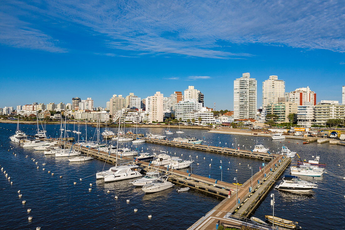 Luftaufnahme von Booten im Yachthafen mit Skyline der Stadt dahinter, Punta del Este, Maldonado Department, Uruguay, Südamerika