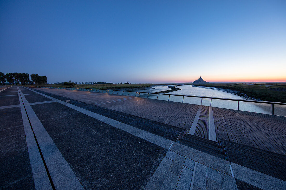 Morning view of the rocky island of Mont Saint Michel with the monastery of the same name, Normandy, France.