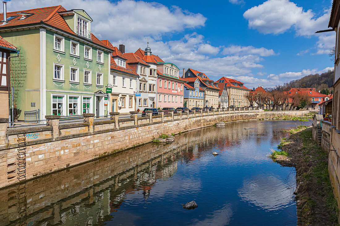 River Haßlach and the Adolf-Kolping-Strasse in Kronach, Bavaria, Germany