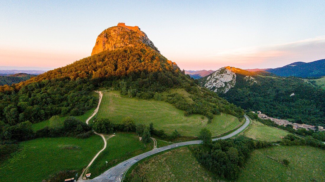 France, Ariege, Pays d'Olmes, Cathar castle of Montsegur perched on a pog (aerial view)