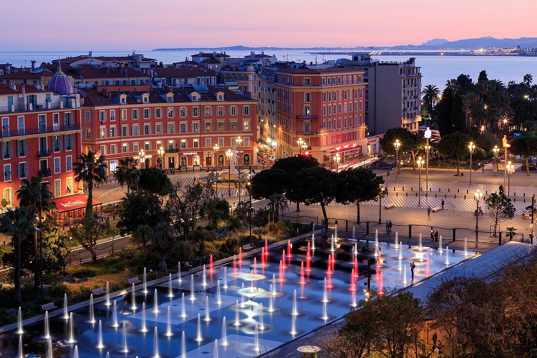 France, Alpes Maritimes, Nice, Promenade du Paillon, Place Massena, the mirror of water, the Mediterranean sea in the background