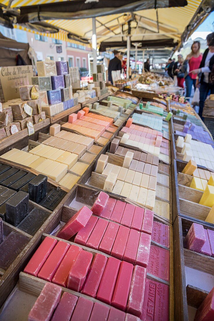 France, Alpes Maritimes, Nice, Old Nice district, Cours Saleya market, scented soap stall