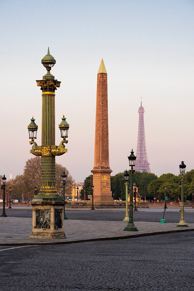 France, Paris, area listed as World Heritage by UNESCO, Place de la Concorde and Eiffel Tower in the background