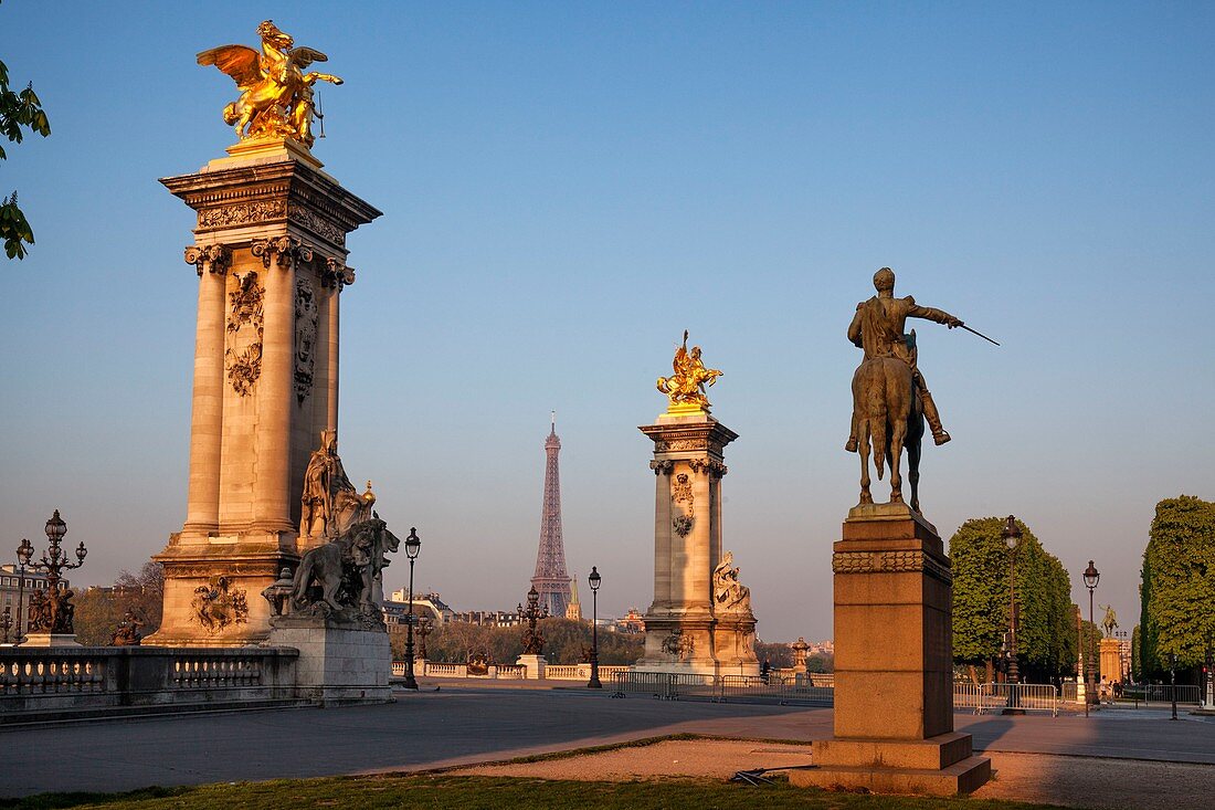 France, Paris, area listed as World Heritage by UNESCO, the Alexandre III bridge and the Eiffel Tower