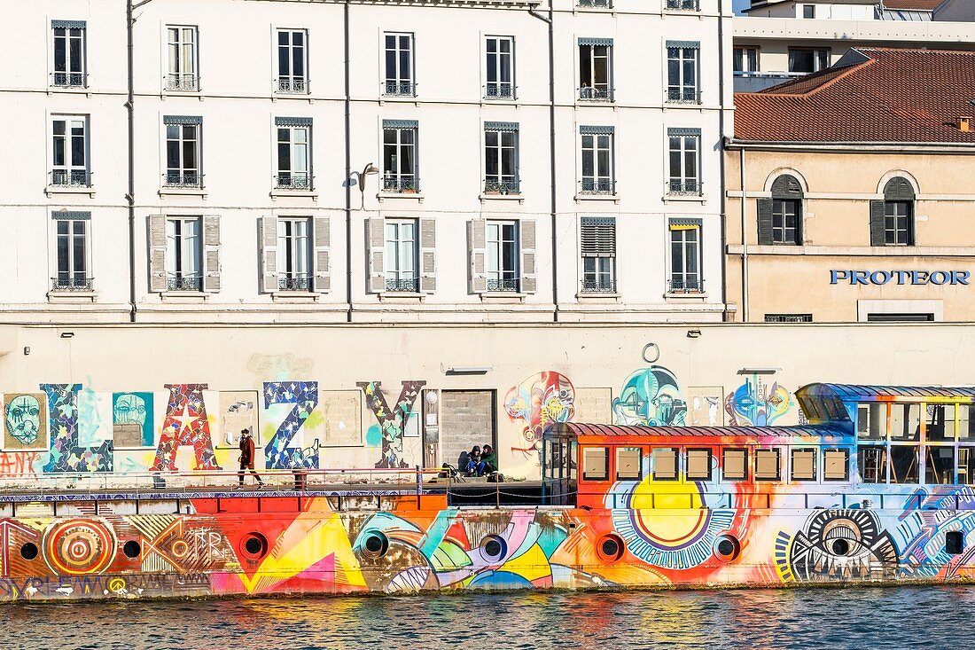 France, Rhone, Lyon, Quai du Maréchal Joffre, mytoc.fr barge, a 38-meter work of art, is a cultural platform moored on the banks of the Saone river