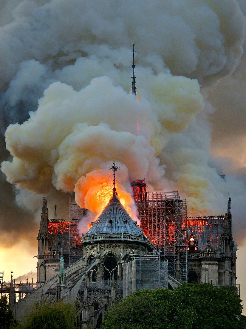 France, Paris, area listed as World Heritage by UNESCO, Notre Dame Cathedral of 14th century Gothic architecture during the fire of 15th April 2019, an overview of the incandescent carpentry