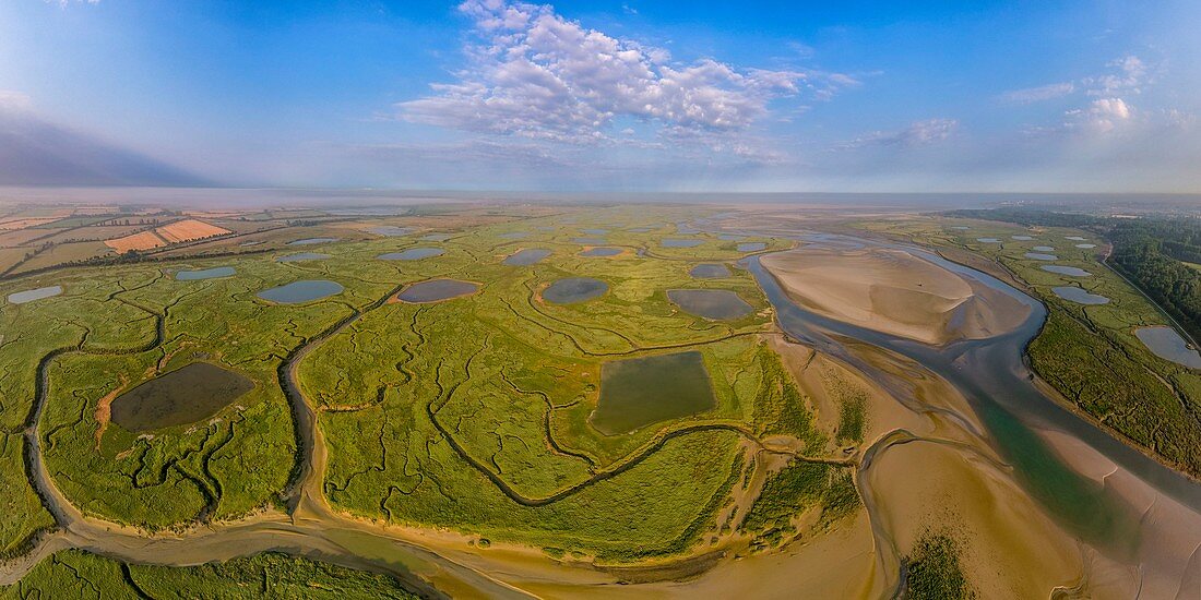 Frankreich, Pas de Calais, Bucht von Authie, Groffliers, Flug über die Bucht von Authie vom Hafen von Madelon, die Pools in den Salzwiesen sind die von Jagdhütten (Luftbild)