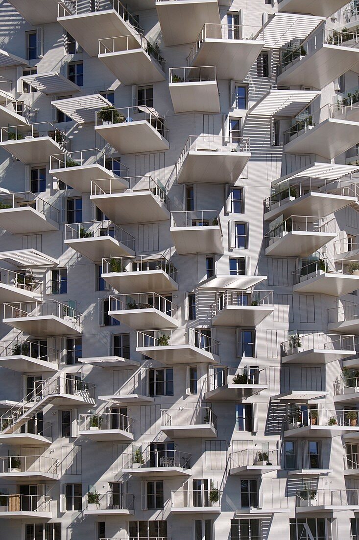 Frankreich, Hérault, Montpellier, Bezirk Richter, The White Tree am Ufer des Lez des japanischen Architekten Sou Fujimoto. Das 17 Stockwerke hohe oder 56 Meter hohe Gebäude verfügt über 120 Apartments, eine Panoramabar, ein Restaurant und eine Kunstgalerie
