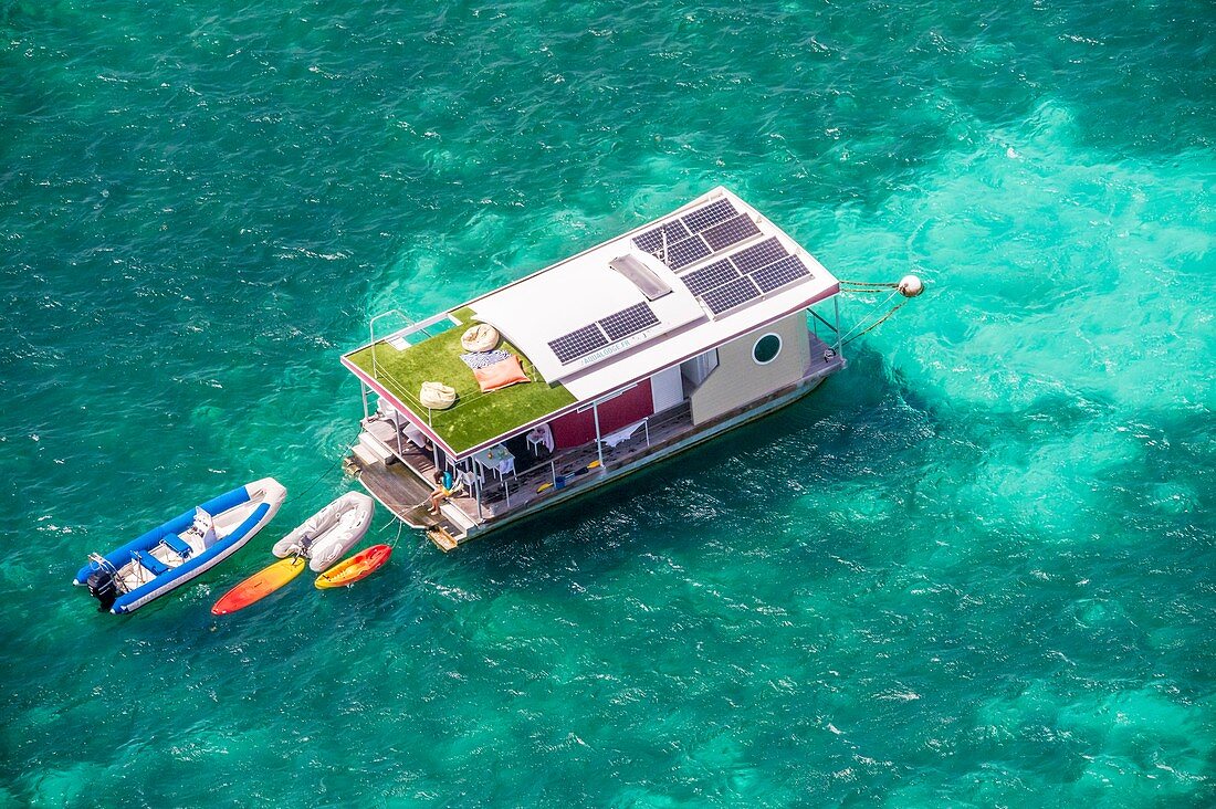 France, Caribbean, Lesser Antilles, Guadeloupe, Grande-Terre, Saint-François, aerial view on one of the floating bungalows of Aqualodge