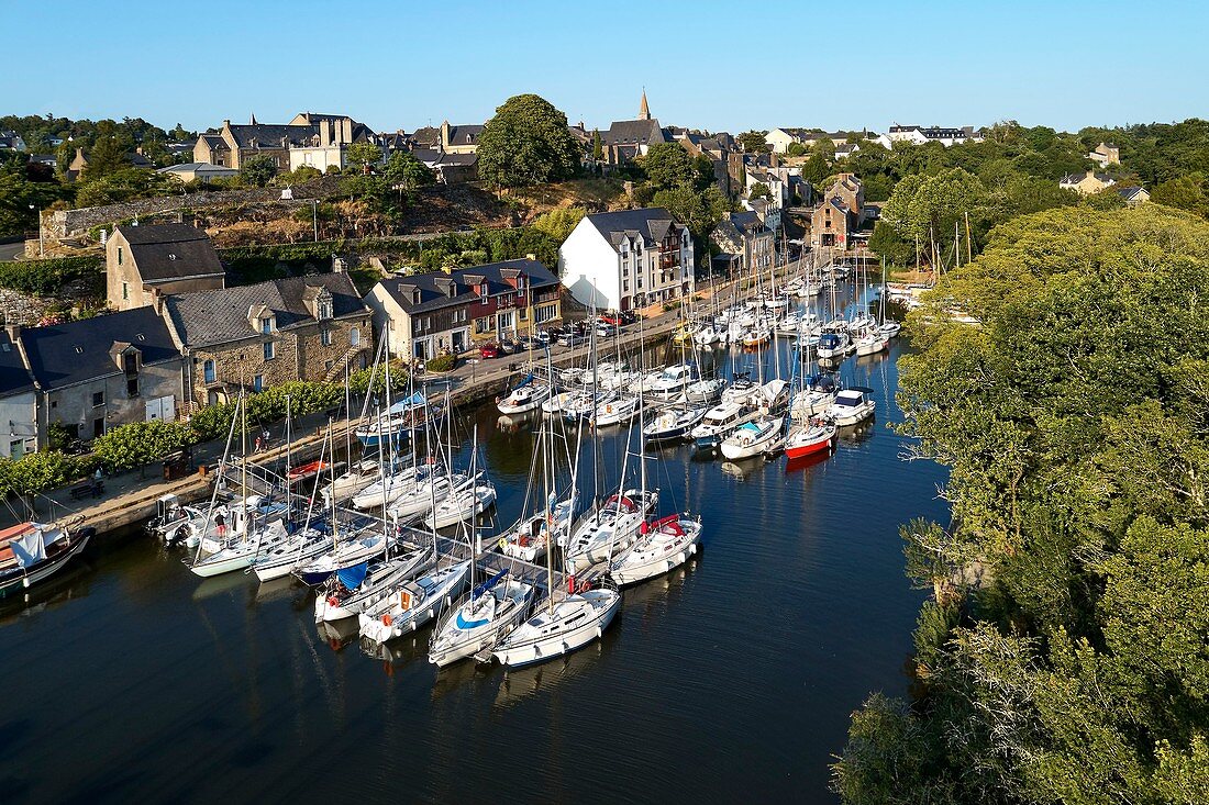 France, Morbihan, La Roche Bernard, the marina in the village (aerial view)