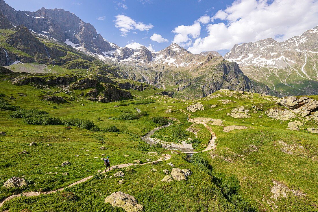 France, Hautes Alpes, Ecrins National Park, valley of Valgaudemar, La Chapelle en Valgaudemar, the glacial circus of Gioberney, hiking to Lauzon Lake