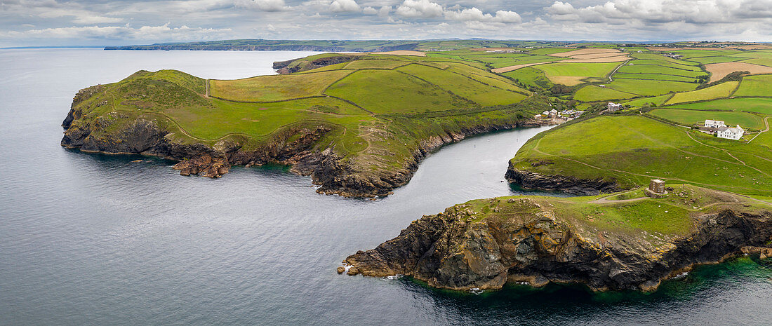Aerial vista of Port Quin on the North Cornish coast, Cornwall, England, United Kingdom, Europe