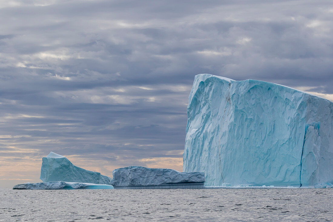 Riesige Eisberge am Cape Brewster, dem östlichsten Punkt der zerklüfteten und bergigen Halbinsel Savoia, Grönland, Polarregionen