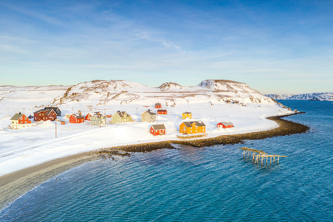 Aerial view of the fishing village of Veines in winter, Kongsfjord, Varanger Peninsula, Finnmark, Norway, Scandinavia, Europe