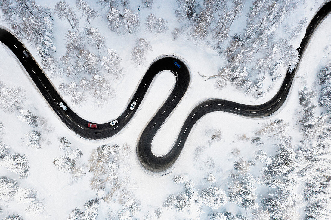 Luftaufnahme der s-förmigen Bergstraße entlang des mit Schnee bedeckten Winterwaldes, Schweiz, Europa