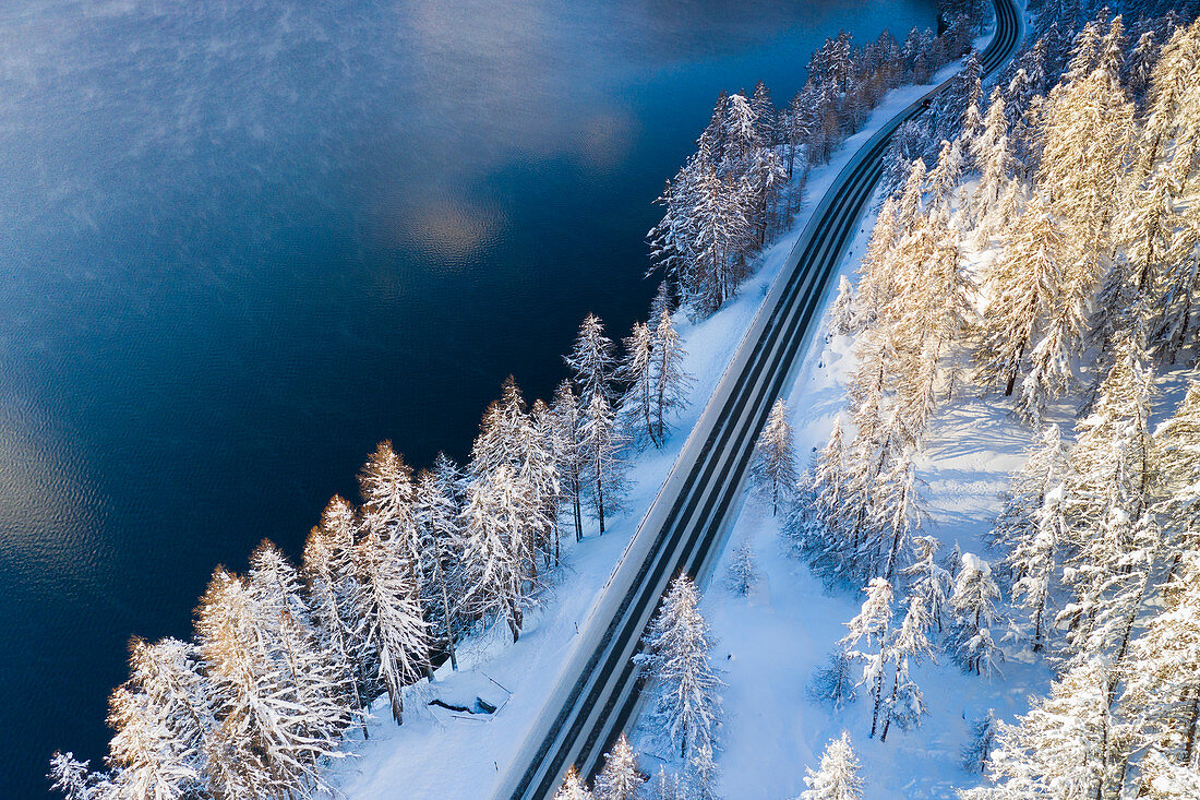 Leere Straße, die den mit Schnee bedeckten Winterwald neben See Sils, Luftbild, Engadin, Kanton Graubunden, Schweiz, Europa kreuzt