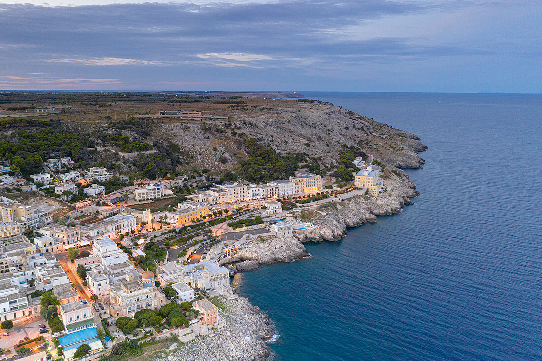 Aerial view of Santa Cesarea Terme at sunset in summer, Lecce province, Salento, Apulia, Italy, Europe