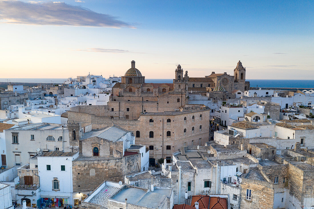 Church and white buildings of Ostuni, aerial view, province of Brindisi, Salento, Apulia, Italy, Europe