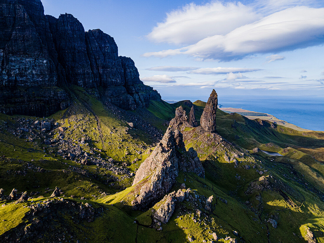 Aerial of the Storr pinnacle, Isle of Skye, Inner Hebrides, Scotland, United Kingdom, Europe