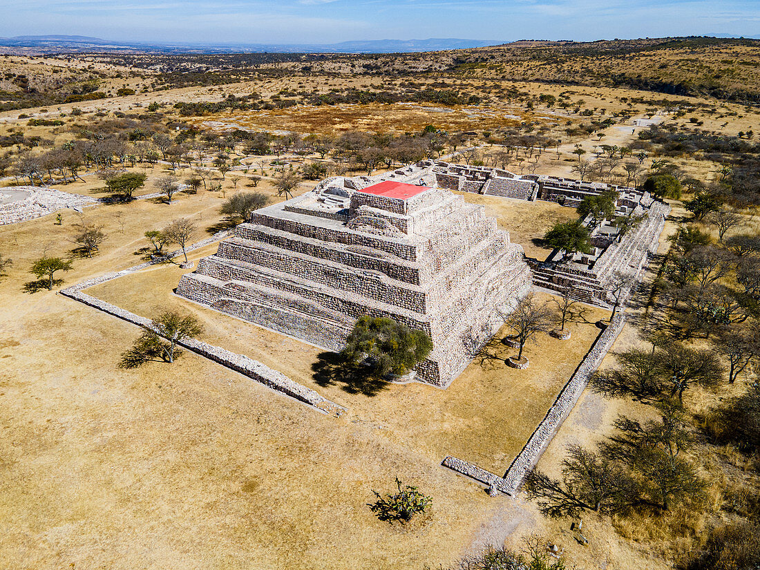 Luftaufnahme der archäologischen Stätte von Kanada de la Virgen, Guanajuato, Mexiko, Nordamerika