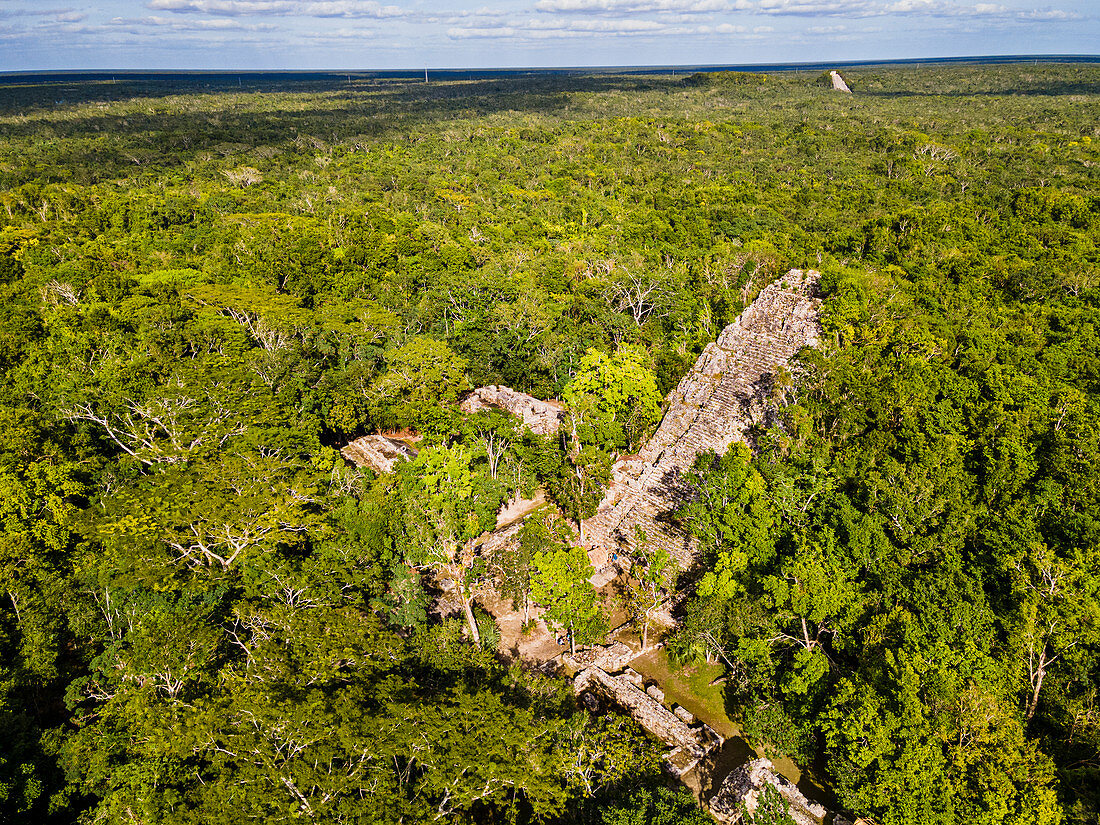 Aerial of the archaeological Maya site of Coba, Quintana Roo, Mexico, North America