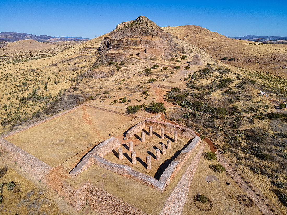 Aerial of the archaeological site of La Quemada (Chicomoztoc), Zacatecas, Mexico, North America