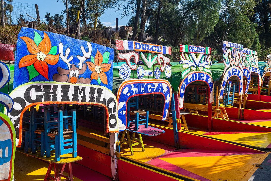 Colourful boats on the Aztec canal system, UNESCO World Heritage Site, Xochimilco, Mexico City, Mexico, North America