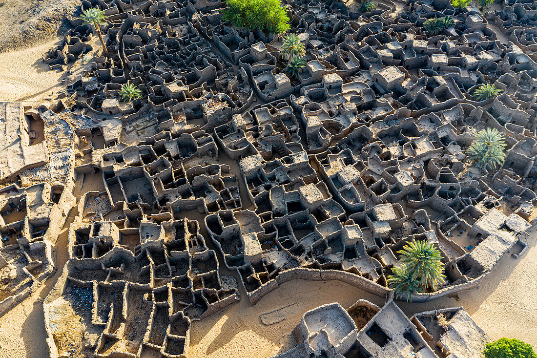 Aerial of the abandoned kasbah, oasis in Fachi, Tenere desert, Niger, West Africa, Africa