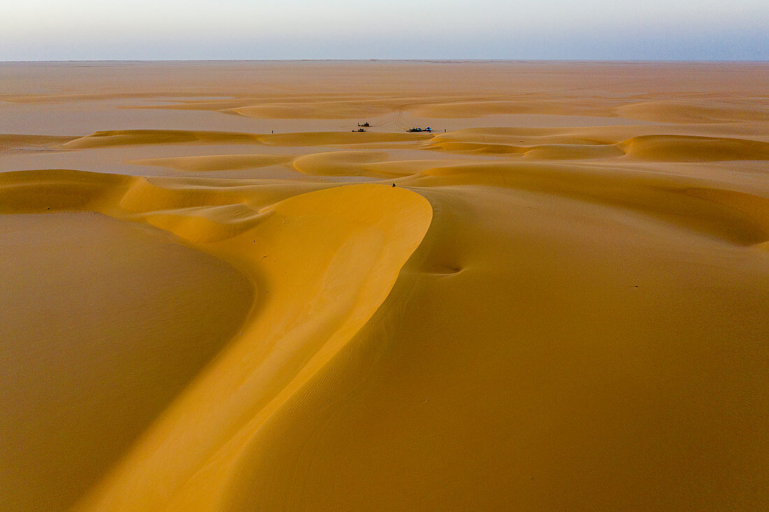 Aerials of sand dunes at sunset, Dirkou, Djado Plateau, Niger, West Africa, Africa