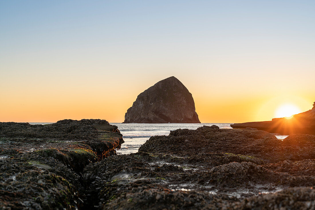 Heuhaufen Rock am Kap Kiwanda bei Sonnenuntergang, Pacific City, Tillamook County, Oregon, Vereinigte Staaten von Amerika, Nordamerika