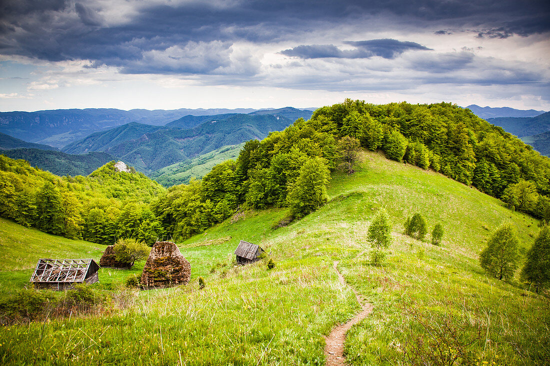 Ländliche Landschaft mit traditionellen strohgedeckten Holzhäusern in Dumesti, Apuseni-Gebirge, Rumänien, Europa