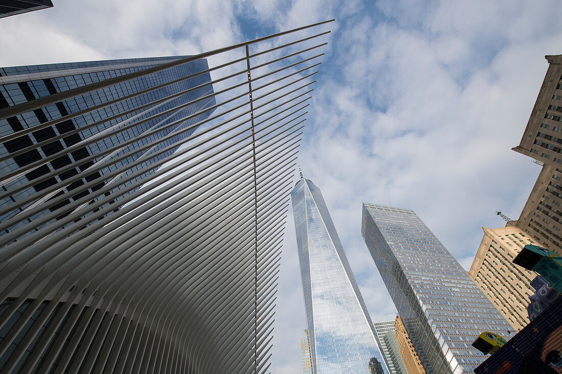 Oculus Gebäude und Hochhäuser in Lower Manhattan, das Oculus ist ein Bahnhof am Standort des World Trade Centers, New York City, New York, Vereinigte Staaten von Amerika, Nordamerika