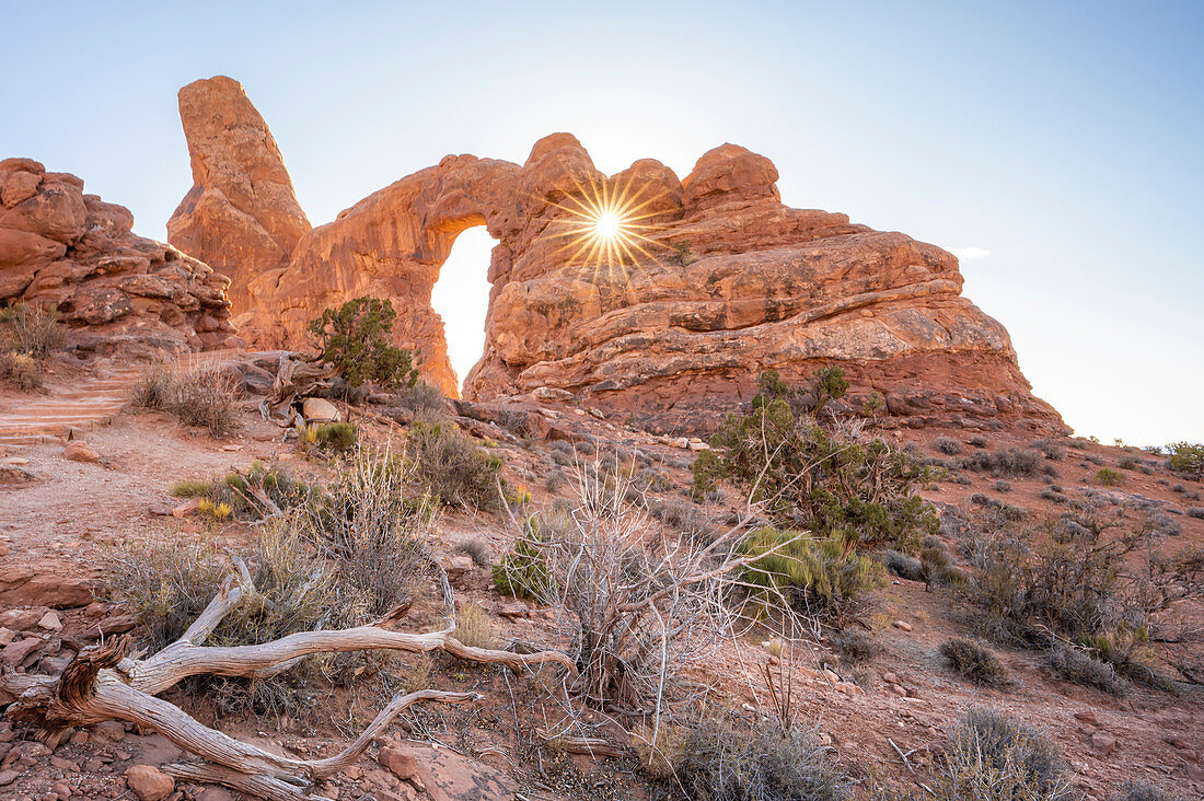 Sunburst through Turret Arch, Arches National Park, Utah, United States of America, North America