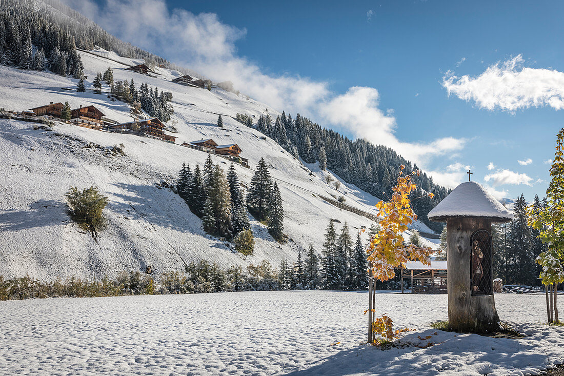 Marterl with figure of a saint in the rear Villgratental, East Tyrol, Tyrol, Austria