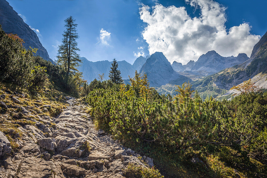 Path to Seebensee in the Gaistal mkt view to the Mieminger chain, Ehrwald in Tirol, Tyrol, Austria