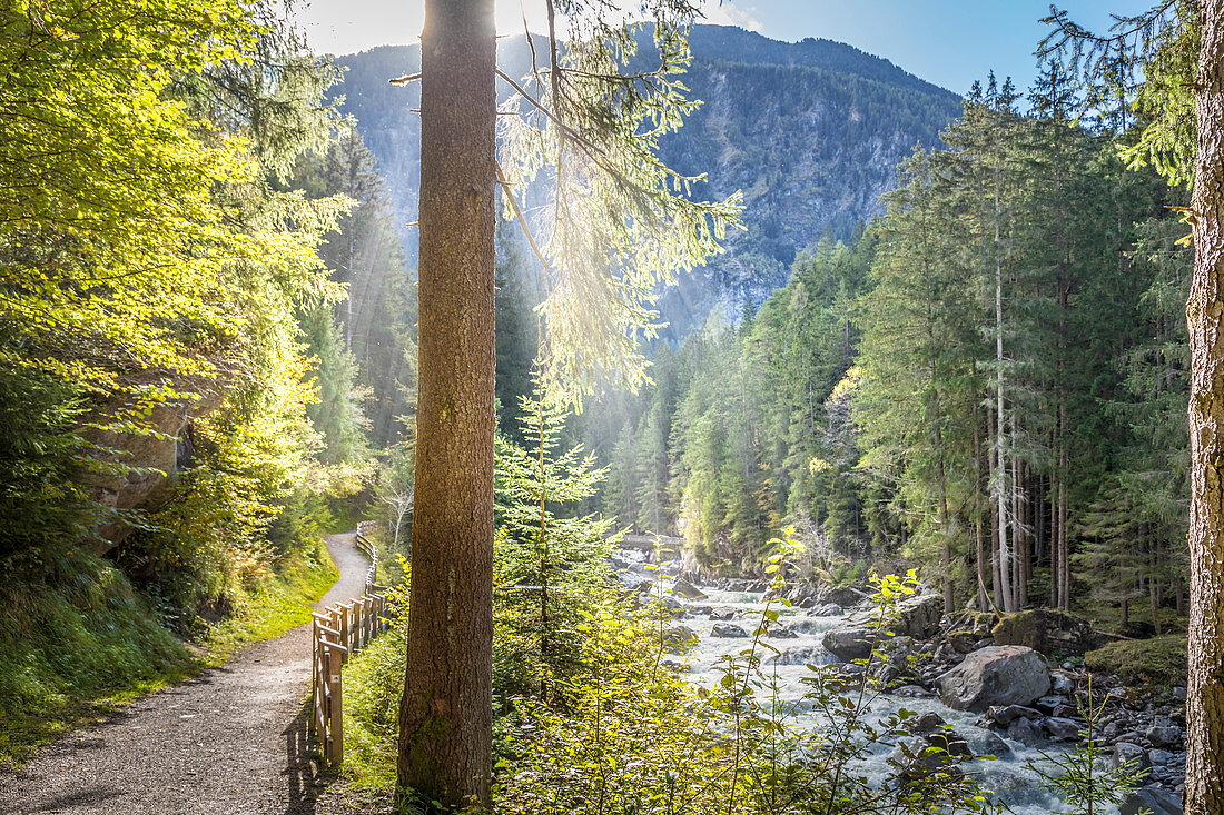 Hiking trail on the Ötztaler Ache in the Ötztal, Oetz, Tyrol, Austria