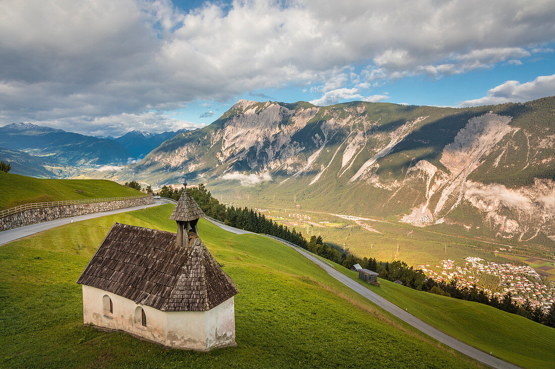 House chapel in Haimingerberg with a view of the Inn Valley, Tyrol, Austria