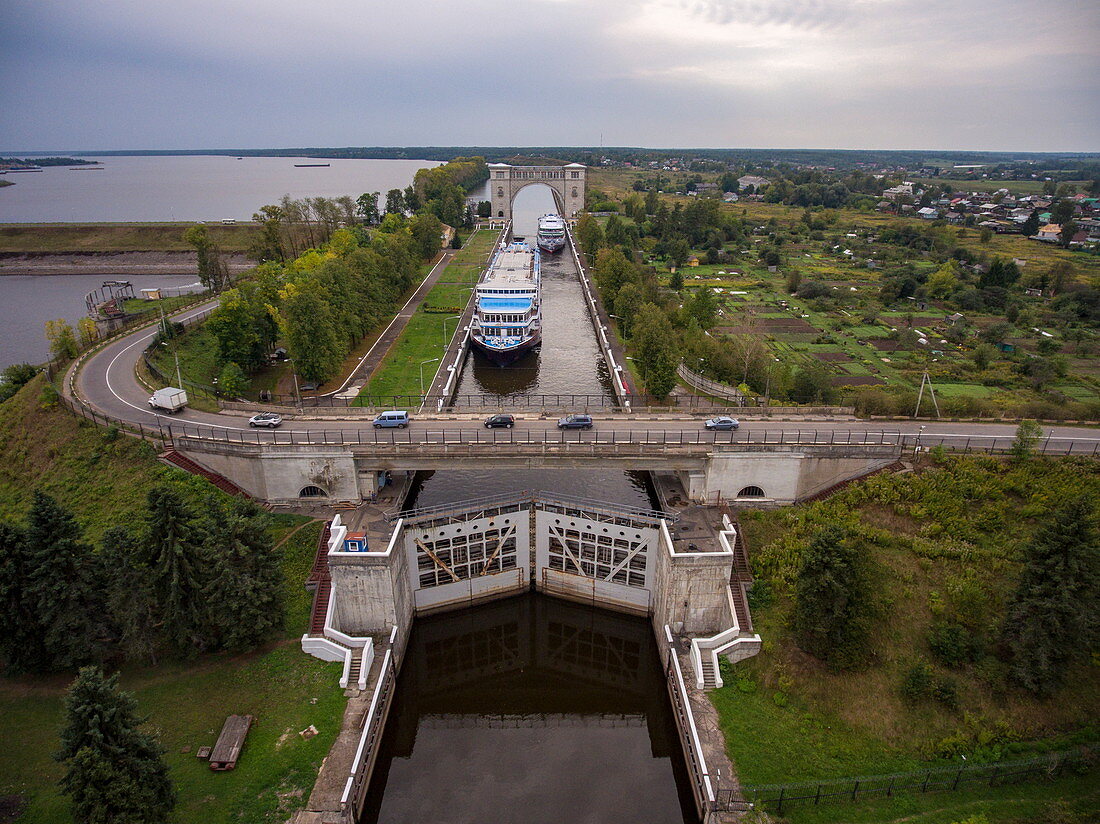 Aerial view of the river cruise ship Excellence Katharina (formerly MS General Lavrinenkov) in the Uglich lock on the Volga River, Uglich, Yaroslavl District, Russia, Europe