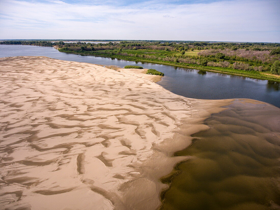 Aerial view of sandbar in the Volga River, near Sady I Dachi, Ostrakhan District, Russia, Europe
