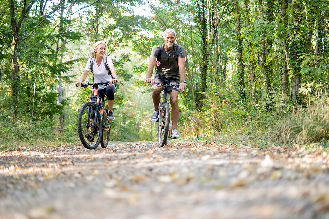 Lächelndes reifes Paar, das Fahrräder im Wald reitet