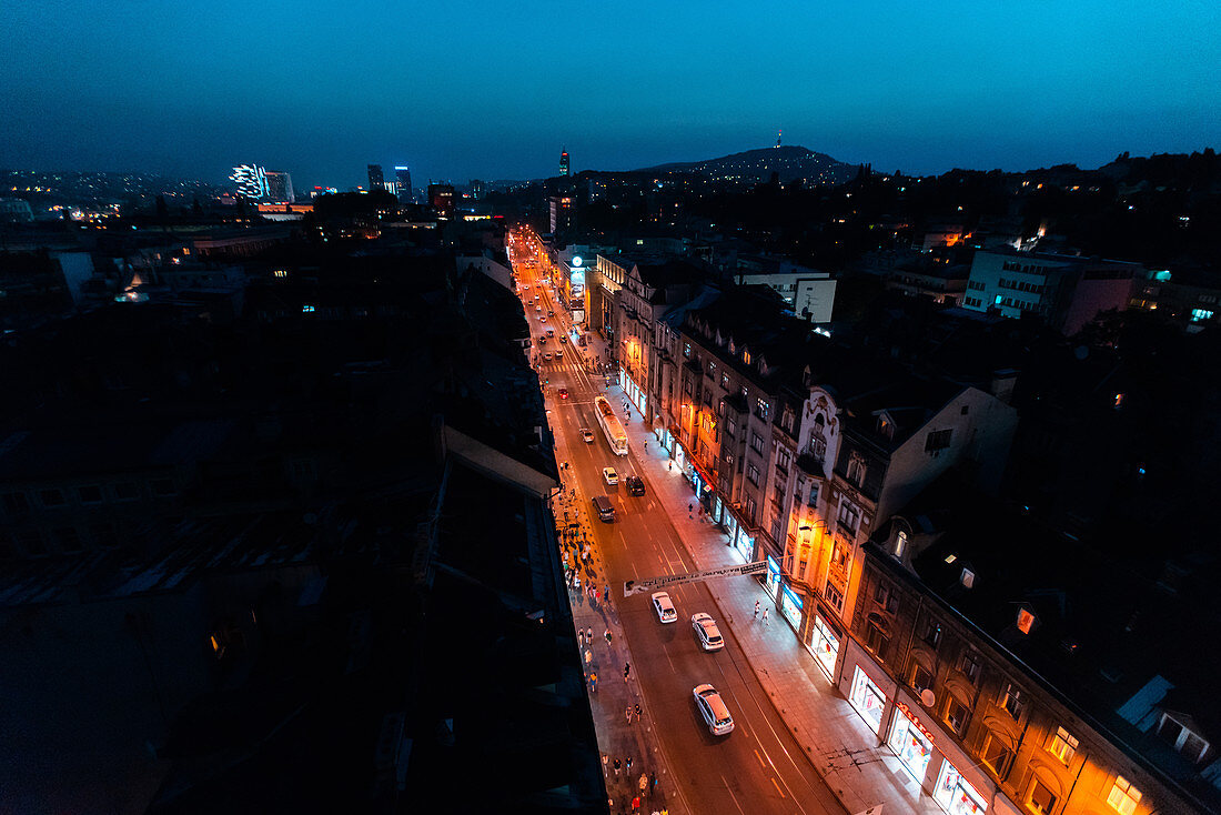 Aerial view of traffic on street in Sarajevo city