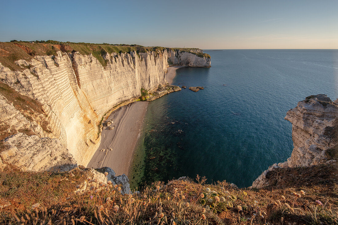 Kreidefelsen Steilküste zur goldenen Stunde bei Étretat, Normandie, Frankreich