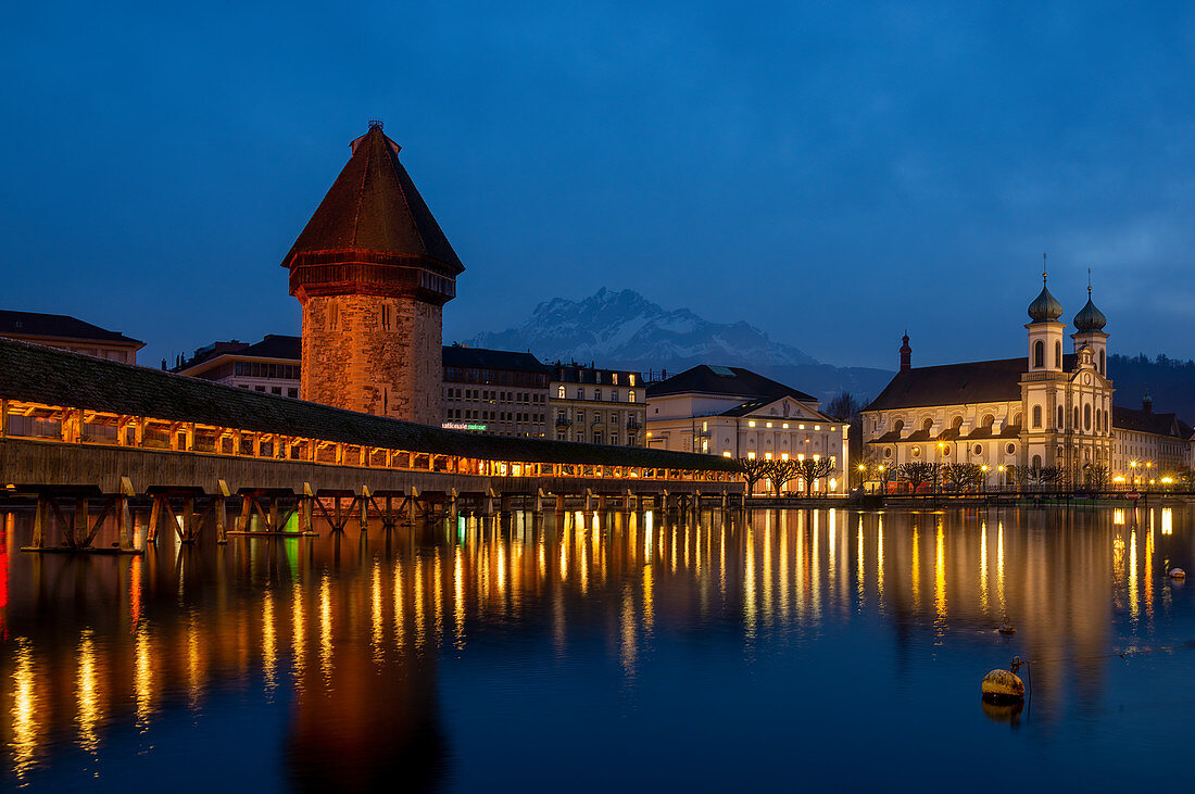 The Chapel Bridge over the Reuss and the water tower, Lucerne, Canton Lucerne, Switzerland
