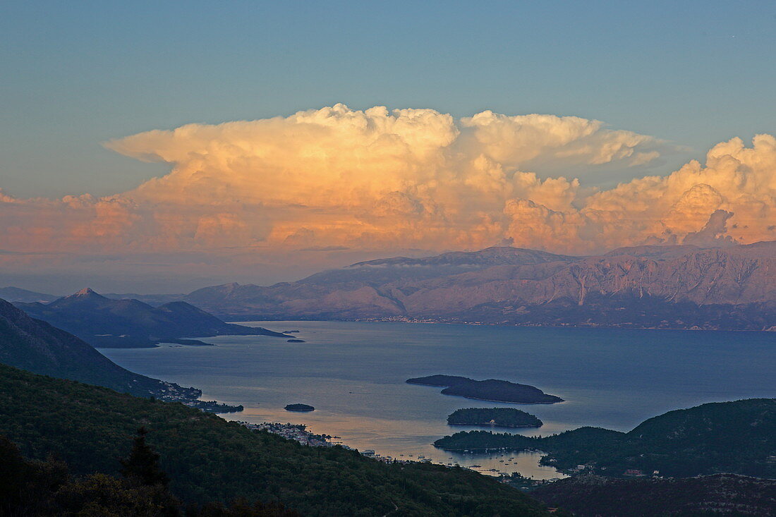 View from Agios Ilias to the small islands of the Tilevoides archipelago east of Lefkada in the Vlicho Bay, Ionian Islands, Greece