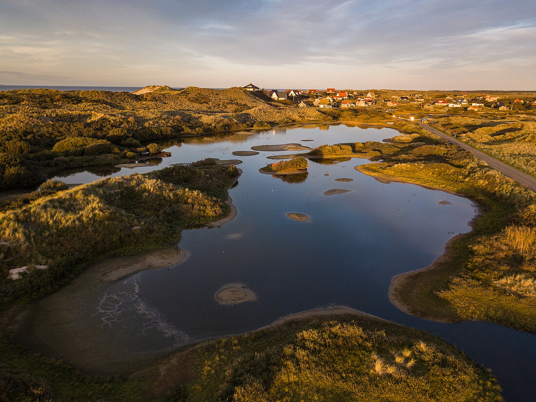 Aerial view of lakes and dunes along the North Sea coast at sunset, Midsland aan Zee, Terschelling, West Frisian Islands, Friesland, Netherlands, Europe