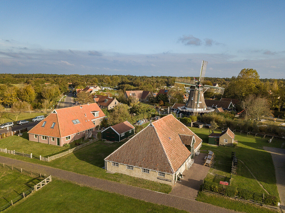 Aerial view of the Koffiemolen windmill and farm buildings, Formerum, Terschelling, West Frisian Islands, Friesland, Netherlands, Europe