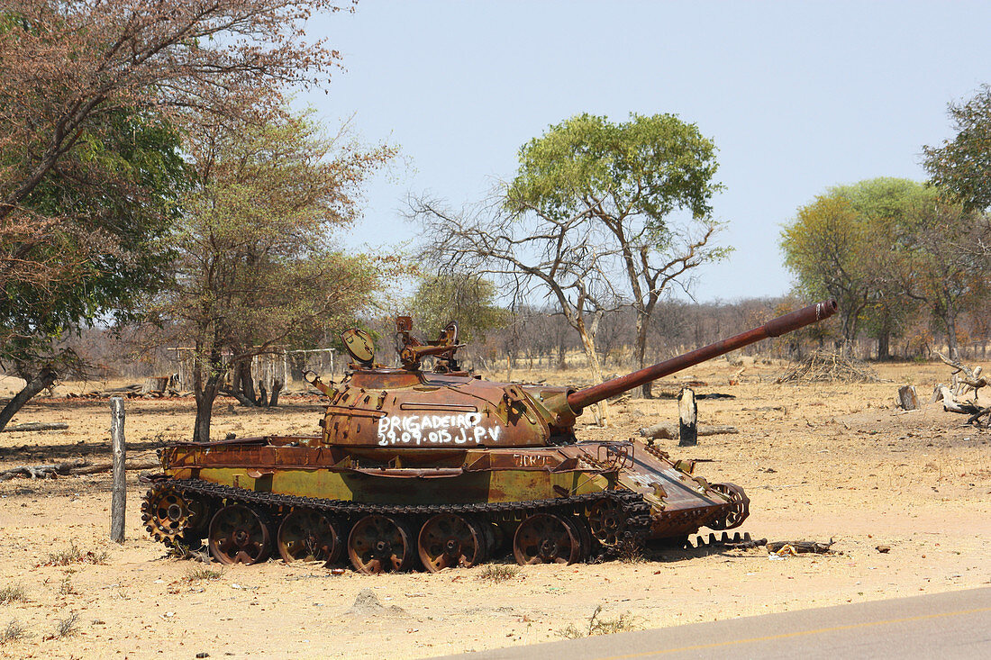 Angola; southern part of the province of Cunene; Roadside tanks; on the EN110 national road between Ondjiva and Xangongo; Relic from the Angolan Civil War