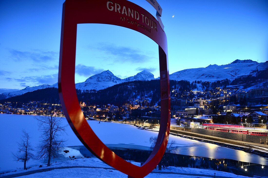 Evening view of St. Moritz Dorf over the lake, Engadin, Graubünden, Switzerland