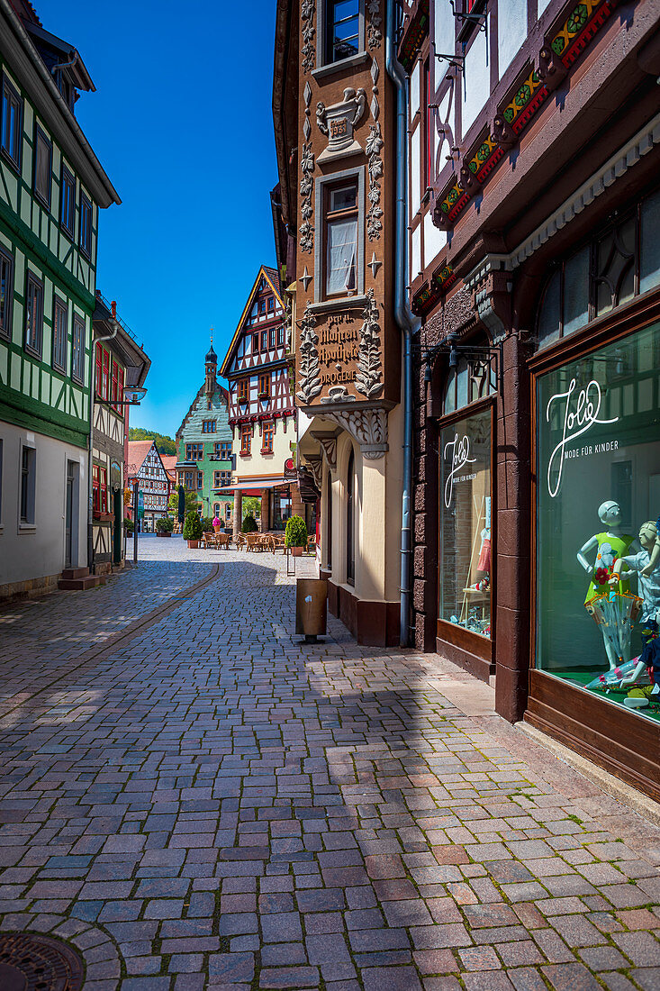 Mohrengasse with a view of the town hall in Schmalkalden, Thuringia, Germany